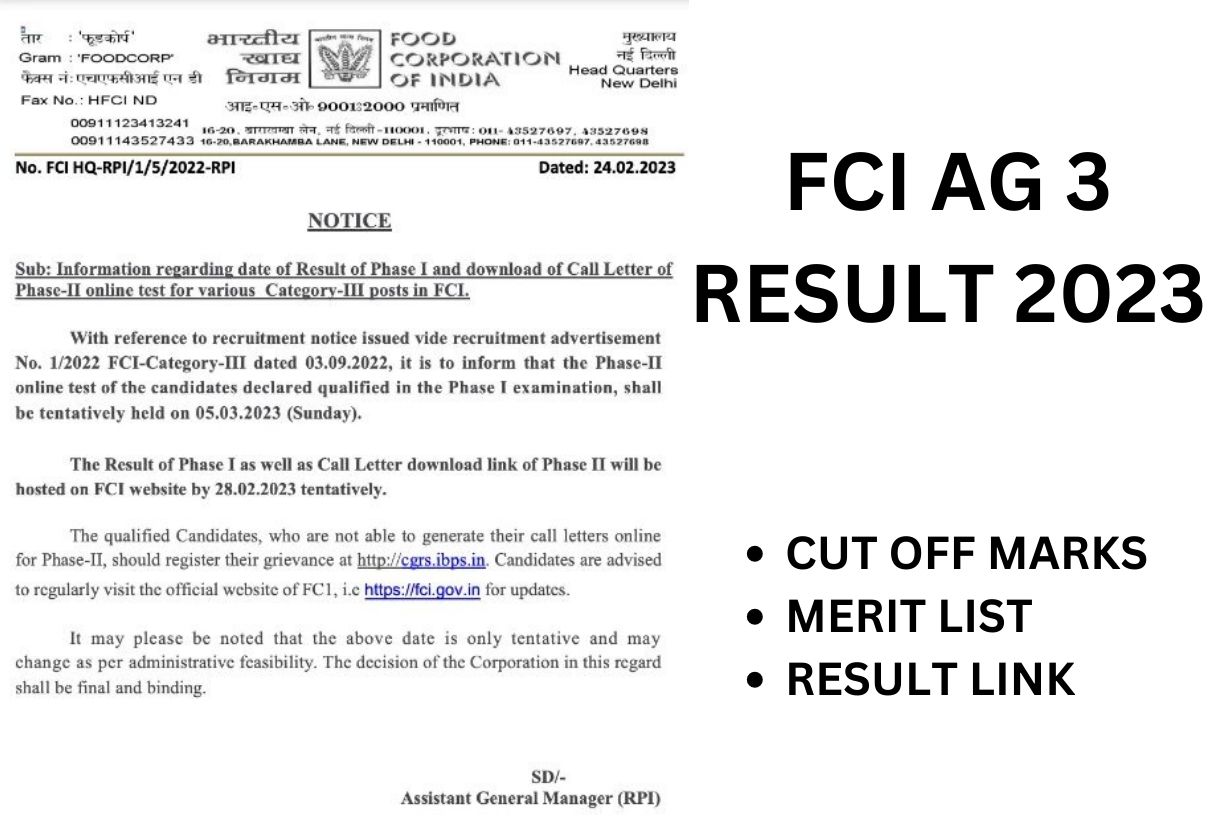 FCI AG 3 Result 2023, Assistant Grade 3 Cut Off Marks