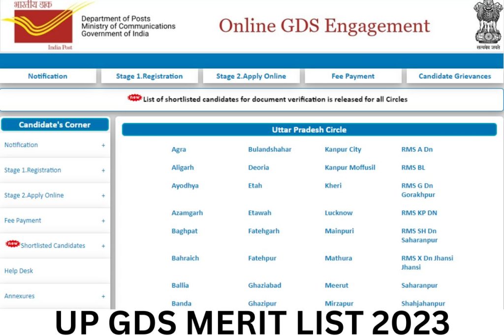 UP GDS Result 2023, Uttar Pradesh Gramin Dak Sevak DV List, Merit List PDF