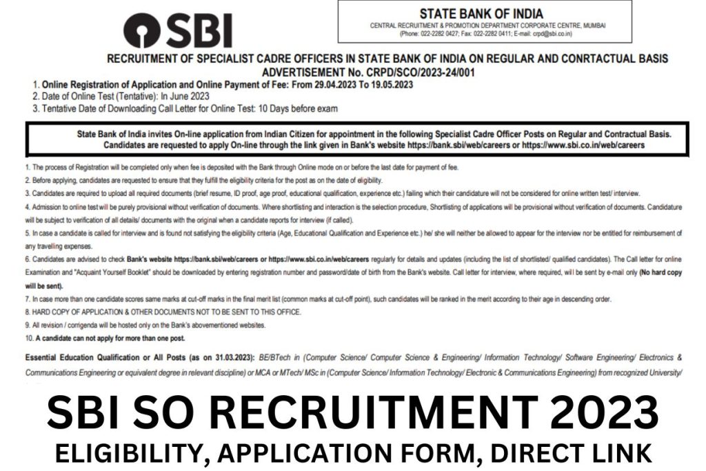 SBI SO Recruitment 2023, Notification, Application Form, Eligibility, Apply Online @ sbi.co.in